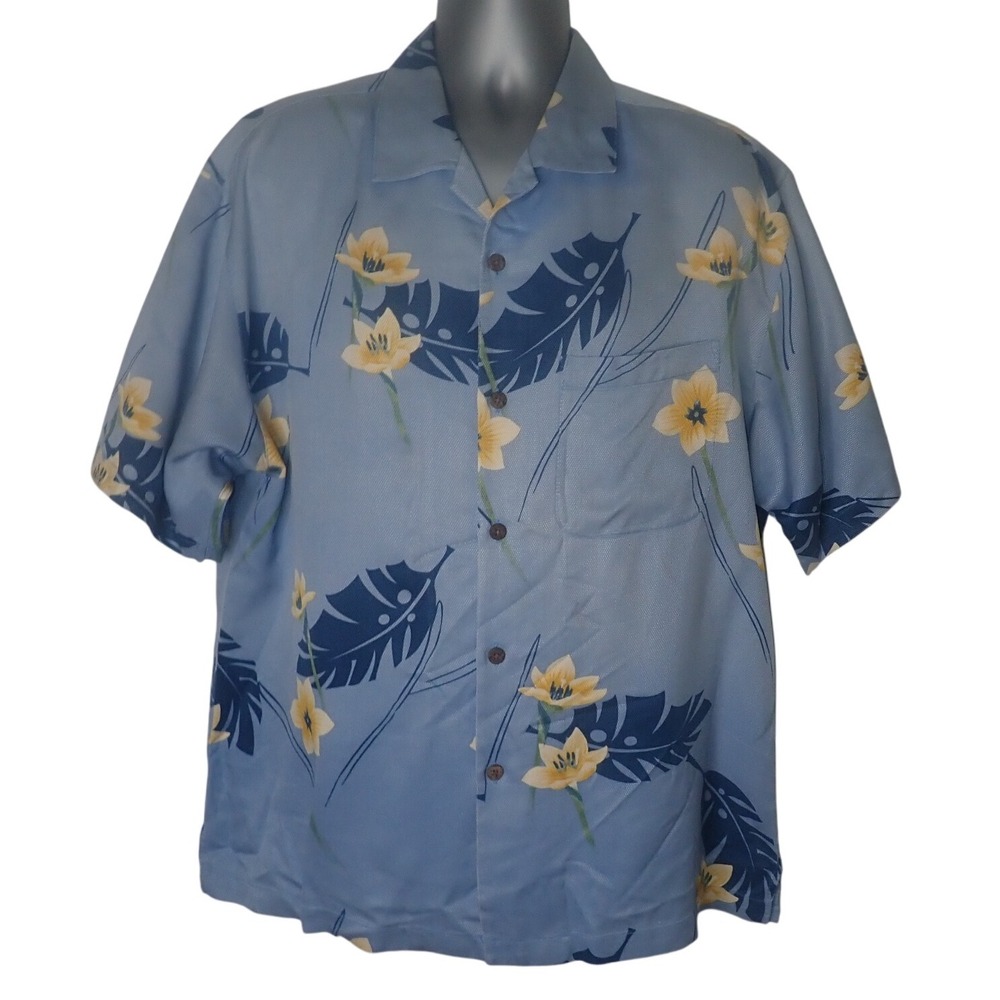 Bachrach Hawaiian Shirt Mens L Blue Floral Tropical Cruise Vacation Silk‎ Retro